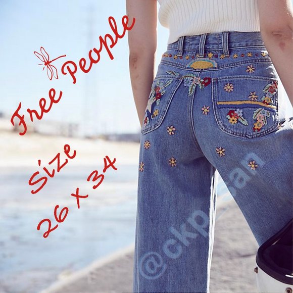 Free People Denim - Free People Embroidered Courter Wide Leg Jeans Size 26